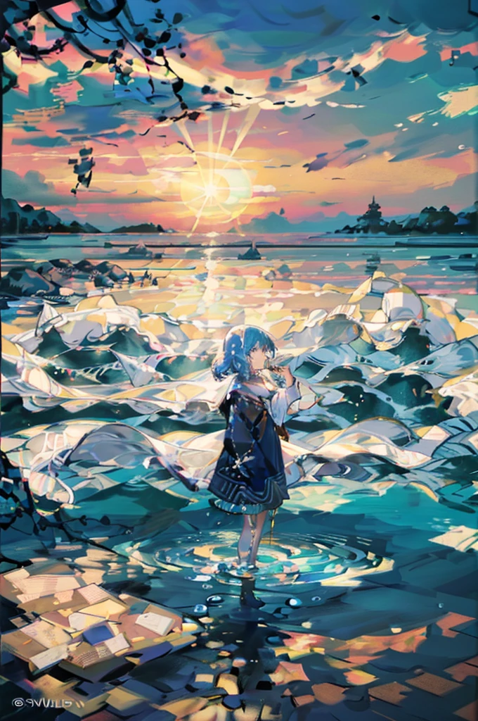 masterpiece, detailed, (((Girl Slime))), the girl is made of water and mucus, Blue Slime, , Against the backdrop of the ocean, sunset, Bright sun, bright colors, Contrast, lilac hair, big eyes, blue slime dress, rain, Sad Girl, emphasis on rain, Palma, beachный sunset, beach, glow around the girl, silhouette, сильный rain, Oriental fantasy, elegant glamorous, (Geometric pattern:1.4), modernism, and minimalism, city with many details,