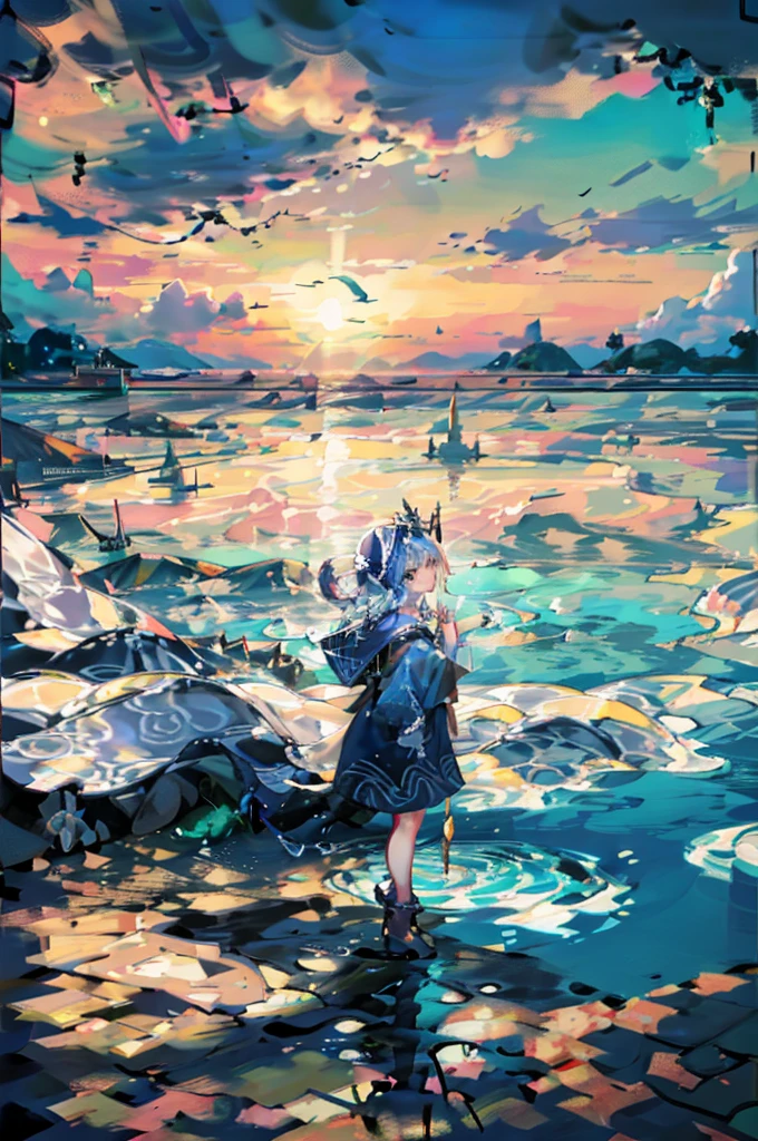 masterpiece, detailed, (((Girl Slime))), the girl is made of water and mucus, Blue Slime, , Against the backdrop of the ocean, sunset, Bright sun, bright colors, Contrast, lilac hair, big eyes, blue slime dress, rain, Sad Girl, emphasis on rain, Palma, beachный sunset, beach, glow around the girl, silhouette, сильный rain, Oriental fantasy, elegant glamorous, (Geometric pattern:1.4), modernism, and minimalism, city with many details,