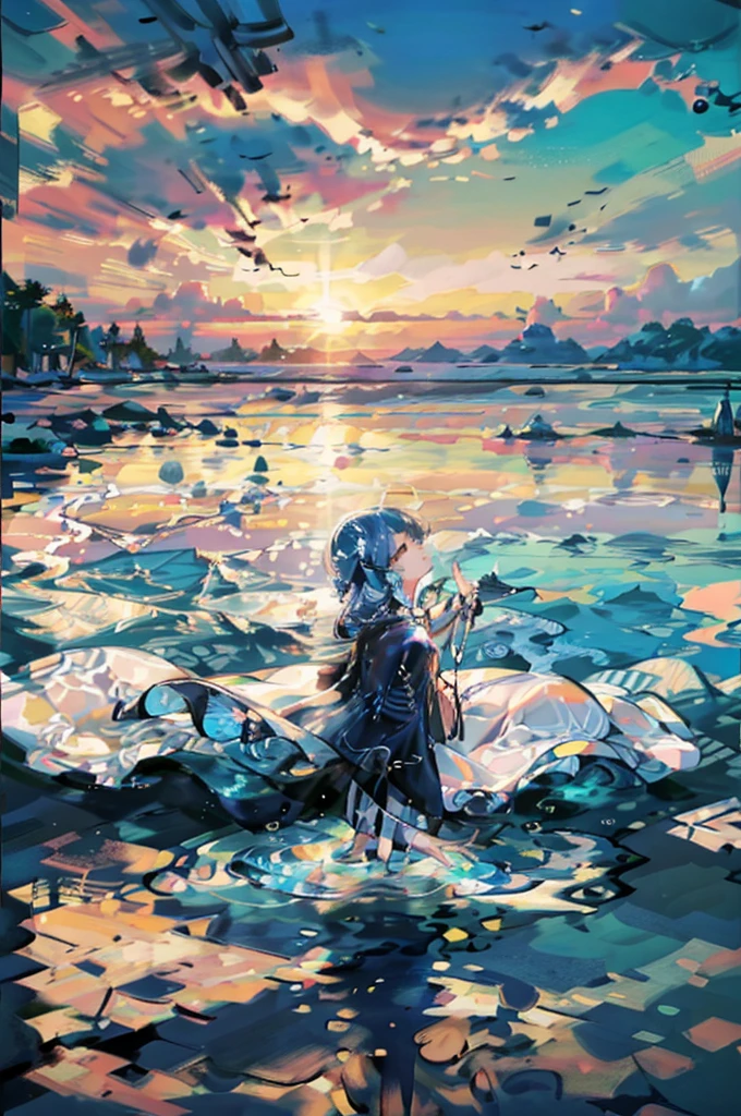 masterpiece, detailed, (((Girl Slime))), the girl is made of water and mucus, Blue Slime, , Against the backdrop of the ocean, sunset, Bright sun, bright colors, Contrast, lilac hair, big eyes, blue slime dress, rain, Sad Girl, emphasis on rain, Palma, beachный sunset, beach, glow around the girl, silhouette, сильный rain, Oriental fantasy, elegant glamorous, (Geometric pattern:1.4), modernism, and minimalism, city with many details,