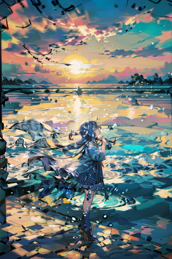 masterpiece, detailed, (((Girl Slime))), the girl is made of water and mucus, Blue Slime, , Against the backdrop of the ocean, sunset, Bright sun, bright colors, Contrast, lilac hair, big eyes, blue slime dress, rain, Sad Girl, emphasis on rain, Palma, beachный sunset, beach, glow around the girl, silhouette, сильный rain, Oriental fantasy, elegant glamorous, (Geometric pattern:1.4), modernism, and minimalism, city with many details,