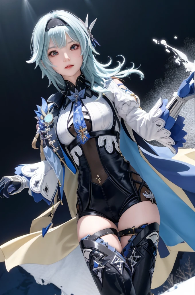 masutepiece, Best Quality, 8K resolution、Raw photo、1girl in,Eula \(GenshinImpact\),shairband,Blue hair,multicolored eyes,neck tie,cape,eyesight \(GenshinImpact\),leotard,Long sleeves,gloves,side locks,  black thighhighs, Dark iceberg in the background、snow blowing、Snowflakes dancing in the background、just