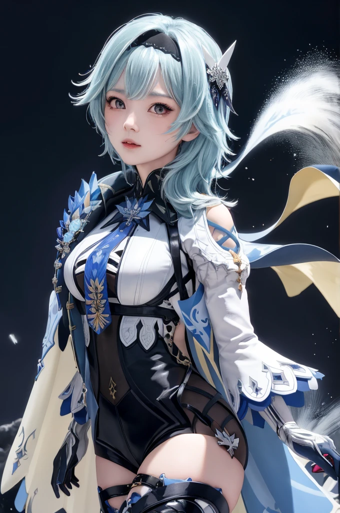 masutepiece, Best Quality, 8K resolution、Raw photo、1girl in,Eula \(GenshinImpact\),shairband,Blue hair,multicolored eyes,neck tie,cape,eyesight \(GenshinImpact\),leotard,Long sleeves,gloves,side locks,  black thighhighs, Dark iceberg in the background、snow blowing、Snowflakes dancing in the background、just