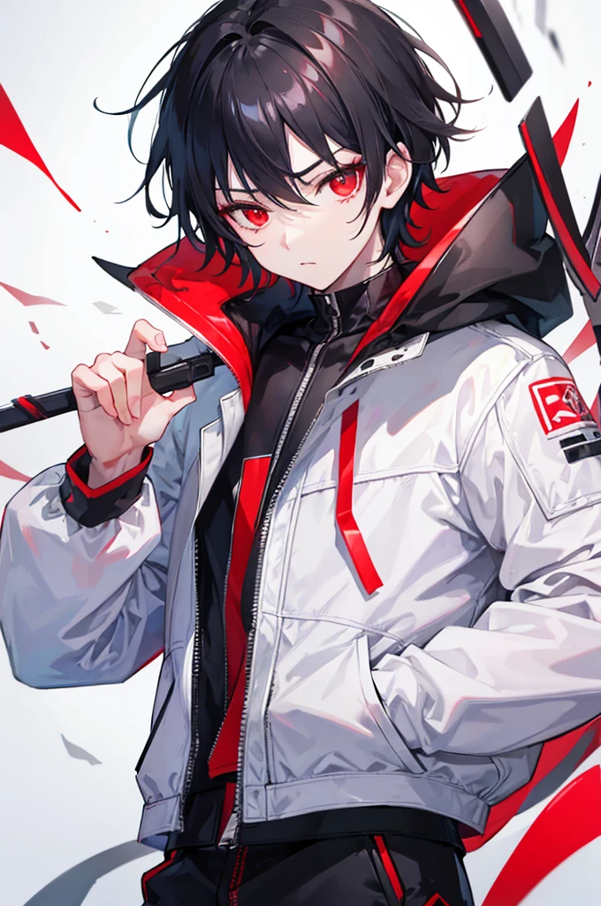 1boy, wearing white jacket, red eyes, black hair, gamer, serious, high quality, e sports
