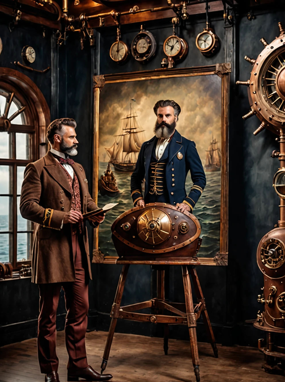 photo focus on male focus, indoors, realistic scenery, (captain nemo:1.1), drawing a painting on canvas,  steampunk nautilus-style. very wide shot, character photo portrait, film, professional, 4k