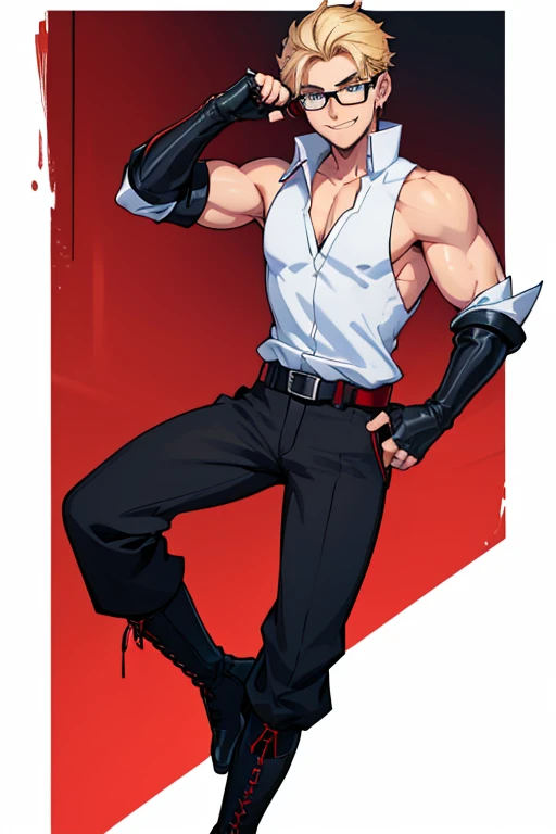 male, blue eyes, blonde hair, (((1boy))), (((red sleeveless tunic))), (white shirt with sleeves rolled up), (black pants), (black boots), (black belt), (glasses), (black fingerless gloves), long legs, trimmed goatee, slender, smiling