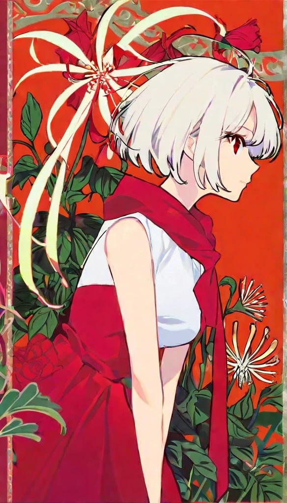 avogado6, 1girl, bangs, camellia, daisy, flag_background, flower, from_side, hibiscus, lily_\(flower\), profile, red_background, red_border, red_eyes, red_flower, red_rose, red_theme, short_hair, simple_background, solo, leaning forward, hanging hair, sideways glance, glowing red electric eye, (fierce), spider_lily, white_flower, white_hair, style of Bourgeois, angular, an album cover, purism, 