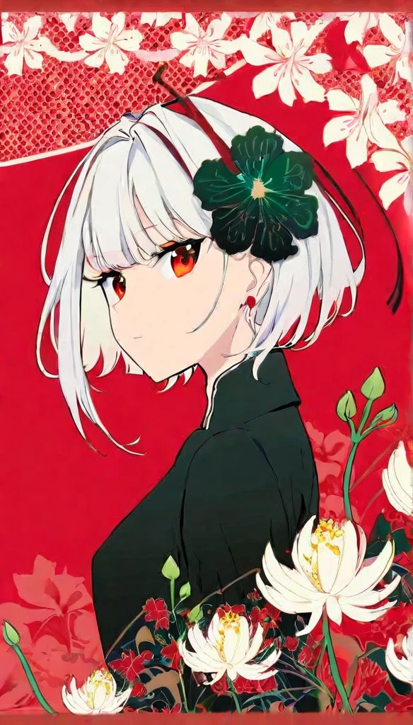 avogado6, 1girl, bangs, camellia, daisy, flag_background, flower, from_side, hibiscus, lily_\(flower\), profile, red_background, red_border, red_eyes, red_flower, red_rose, red_theme, short_hair, simple_background, solo, leaning forward, hanging hair, sideways glance, glowing red electric eye, (fierce), spider_lily, white_flower, white_hair, style of Bourgeois, angular, an album cover, purism, 