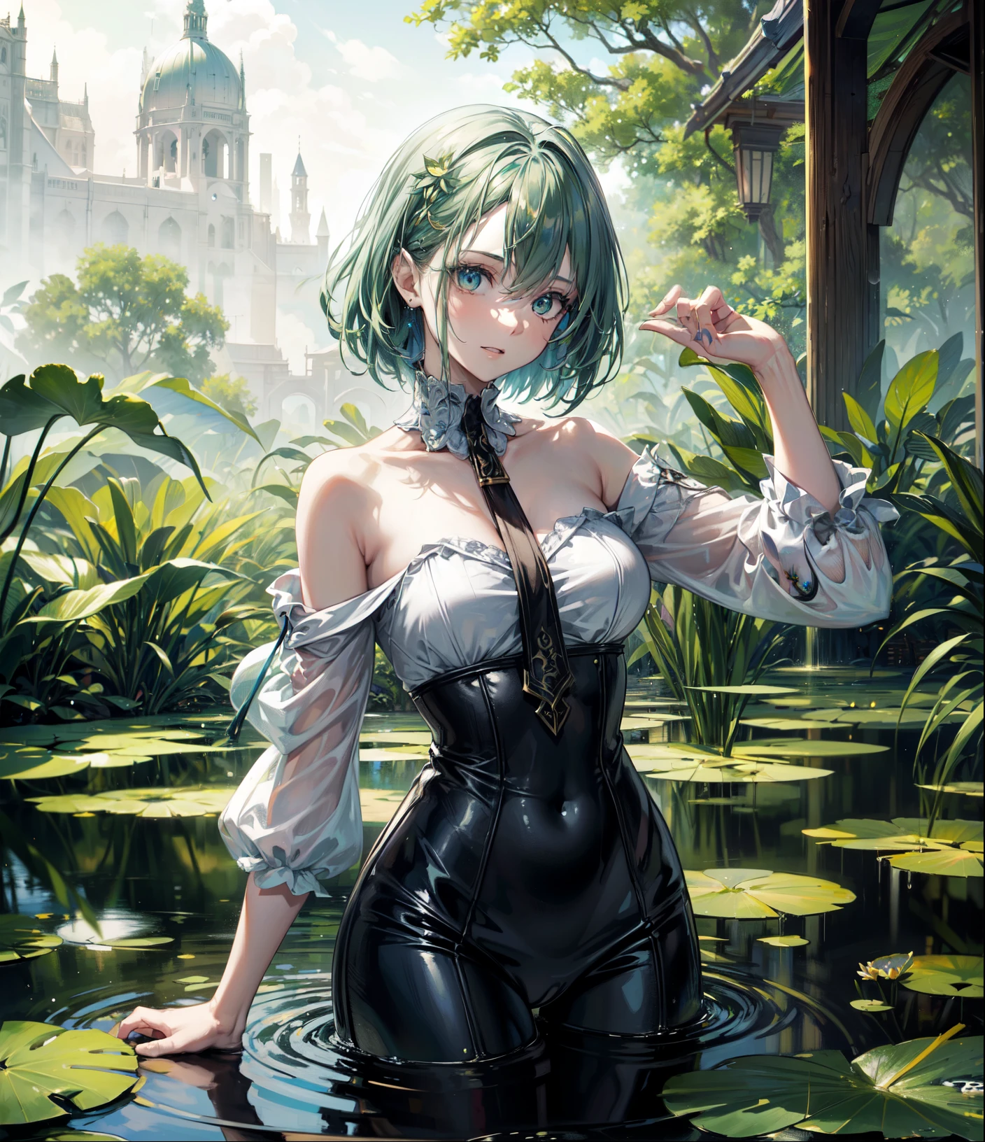 1girl , green hair, blue eyes,pale skin,coming out of the swamp, drips mucus, Jagged teeth,Grinning, Lots of water lilies, quality(8k,Highly detailed wallpaper, masterpiece,High resolution,top-quality,top-quality real texture skin,Surreal,Increase the resolution,highest quality,Very detailed,wallpaper,Cinematic,Golden Ratio), break ,#(girl、Too much exposure、 sexy pose),1 Girl(whole body)
