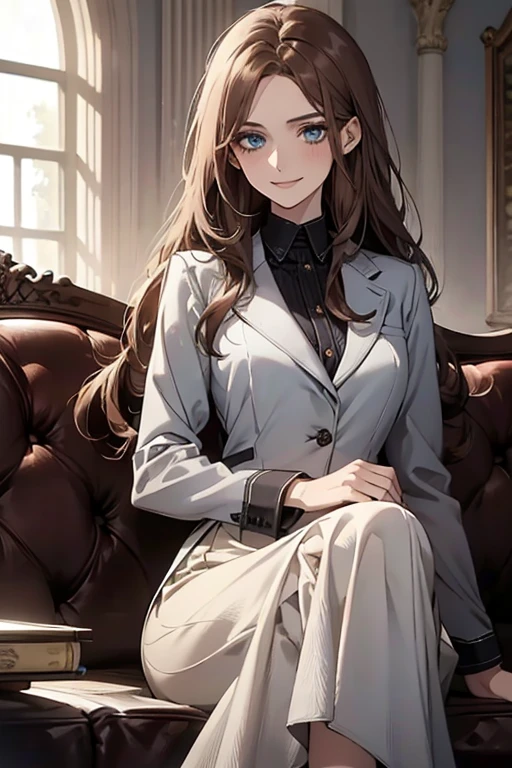 (Highest quality,High resolution,Very detailed),1 Girl, Beautiful and elegant light blue eyes, Brown Hair, Cold Smile,Long Hair,Midi Skirt,Wearing a suit, Mature Woman, 27 years old,Cruel smile, Calm and Calm,secretary, Slim figure, Pale complexion, thin, Calm, sofa,Sitting cross-legged