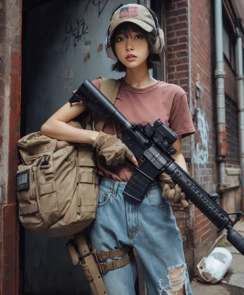 8K,Realistic Photo、Realistic Skin Texture、Superrealism、Japanese woman living in America、Operation、In a mid-sized American city、Old brick building、mortar、Loose Fit T-Shirt、Shoulder bag、Denim pants、Dirty sneakers、Hunting rifles、Dirty alley、Baseball Cap