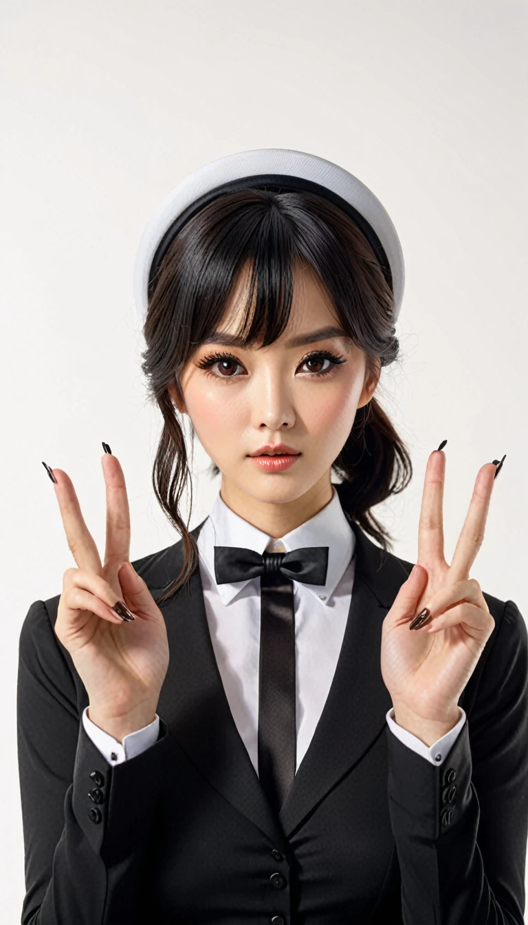 (((Perfect body,White and tender skin,(((Black strap dress, black long bow tie, white lining, black hat))),(((Kobeni Higashiyama, black hair, hair ornament, hairclip, ponytail, short hair, (brown eyes:1.5),))),((masterpiece)),highres,((Best quality at best)),masterpiece,quality,Best quality,((( Exquisite facial features,Looking at the audience,There is light in the eyes,(((frown,Wronged))),Scissorhands))),(((Light and shadow,Huge breasts,))),(((Looking at the camera,White background))))