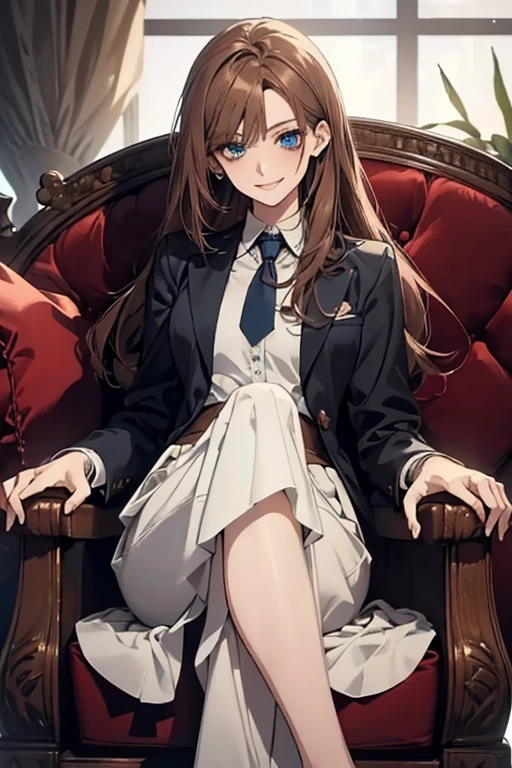 (Highest quality,High resolution,Very detailed),1 Girl, Beautiful and elegant light blue eyes, Brown Hair, Cold Smile,Long Hair,Midi Skirt,Wearing a suit, Mature Woman, 27 years old,Cruel smile, Calm and Calm,secretary, Slim figure, Pale complexion, thin, Calm, sofa,Sitting cross-legged