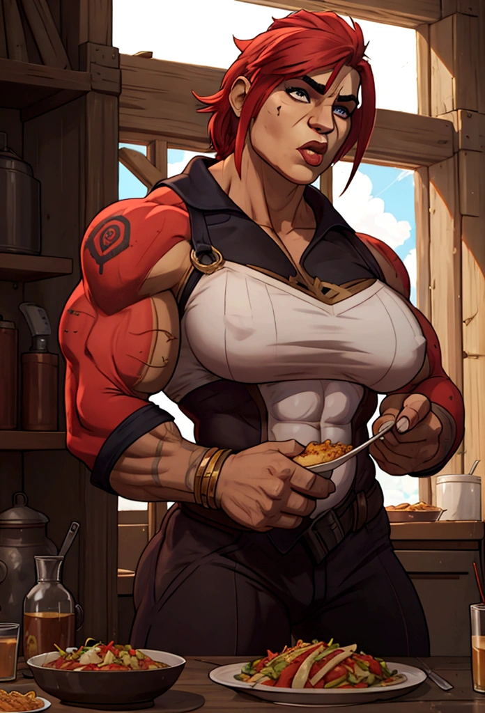 very big power house muscle woman big biceps eats food