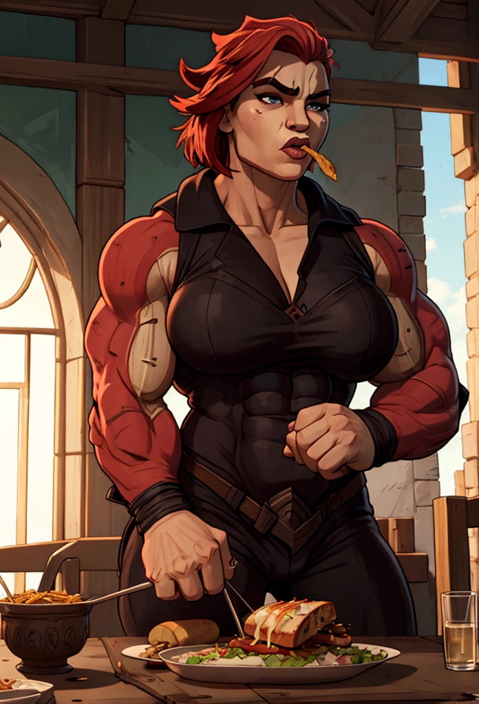 very big power house muscle woman big biceps eats food