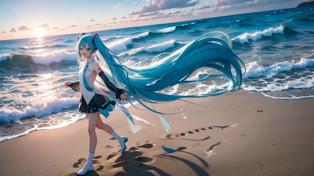 On the beach where the sun sets、An image of Hatsune Miku walking with her clear blue hair flowing。She is dressed in futuristic clothing.、Sing freely、Laughing。In the background、Big waves crashing and the starry sky spreading out、The moonlight illuminates her footprints in the sand。Please express how dreams and hopes spread across the sky on the wind.。