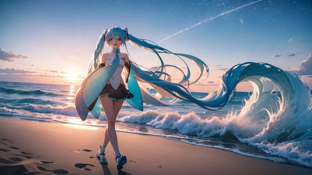 On the beach where the sun sets、An image of Hatsune Miku walking with her clear blue hair flowing。She is dressed in futuristic clothing.、Sing freely、Laughing。In the background、Big waves crashing and the starry sky spreading out、The moonlight illuminates her footprints in the sand。Please express how dreams and hopes spread across the sky on the wind.。