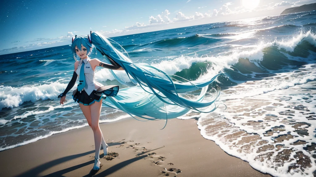 On the beach where the sun sets、An image of Hatsune Miku walking with her clear blue hair flowing。She is dressed in futuristic clothing.、Sing freely、Laughing。In the background、Big waves crashing and the starry sky spreading out、The moonlight illuminates her footprints in the sand。Please express how dreams and hopes spread across the sky on the wind.。