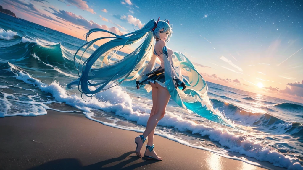On the beach where the sun sets、An image of Hatsune Miku walking with her clear blue hair flowing。She is dressed in futuristic clothing.、Sing freely、Laughing。In the background、Big waves crashing and the starry sky spreading out、The moonlight illuminates her footprints in the sand。Please express how dreams and hopes spread across the sky on the wind.。