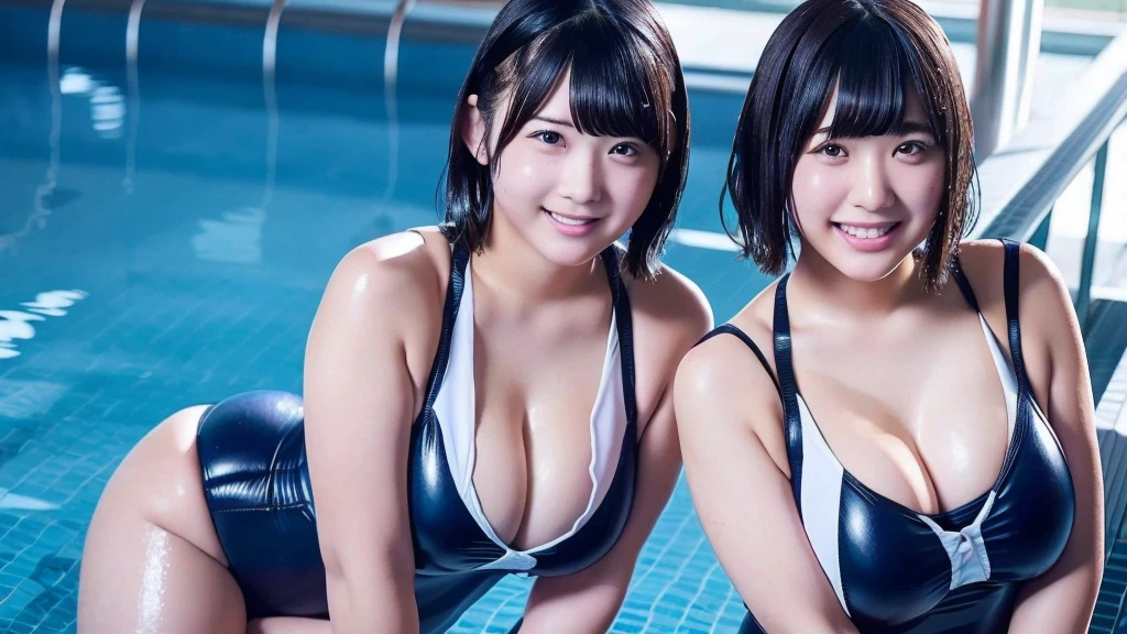 Close-up shot Two plump Japanese high school girls with big breasts wearing shiny school swimsuits are swimming in the school pool Wet feeling Flowing sweat  sweat Wet hair Wet body Wet feeling Short hair pinned up Smile