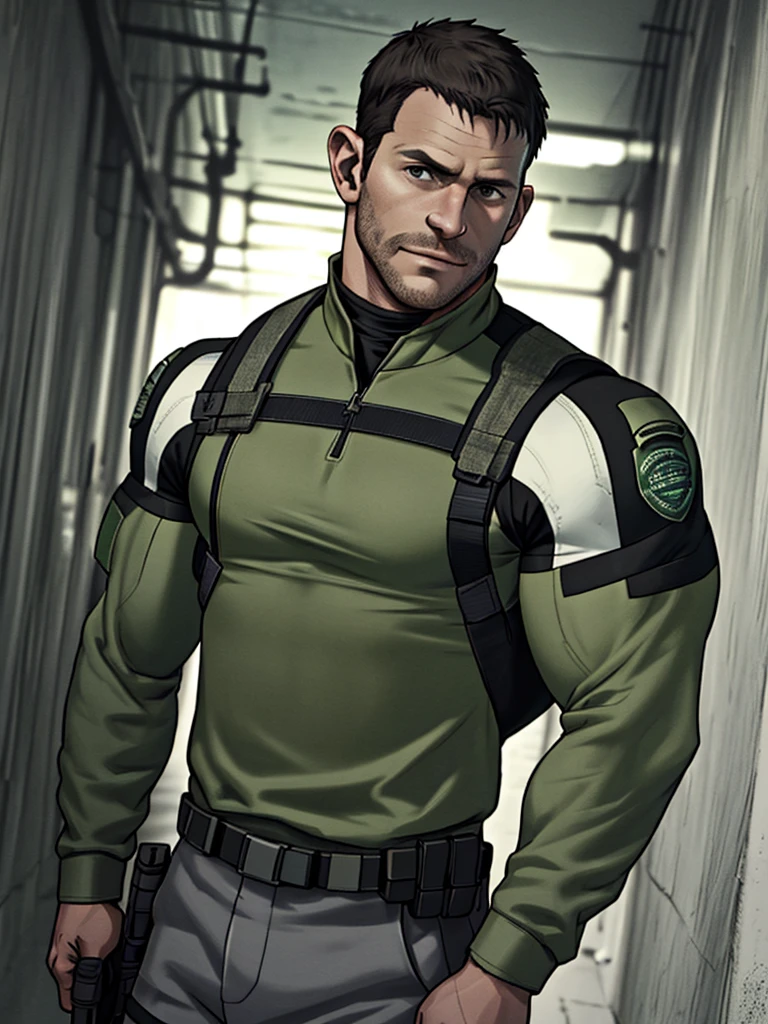 1 man, solo, 35 year old, Chris Redfield, wearing green T shirt, smirks, white color on the shoulder and a bsaa logo on the shoulder, millitary tactical suit, tall and hunk, biceps, abs, chest, best quality, masterpiece, high resolution:1.2, upper body shot, dark black gloomy hallway in the background, detailed face, shadow, volumetric lighting, center focus, low camera angle