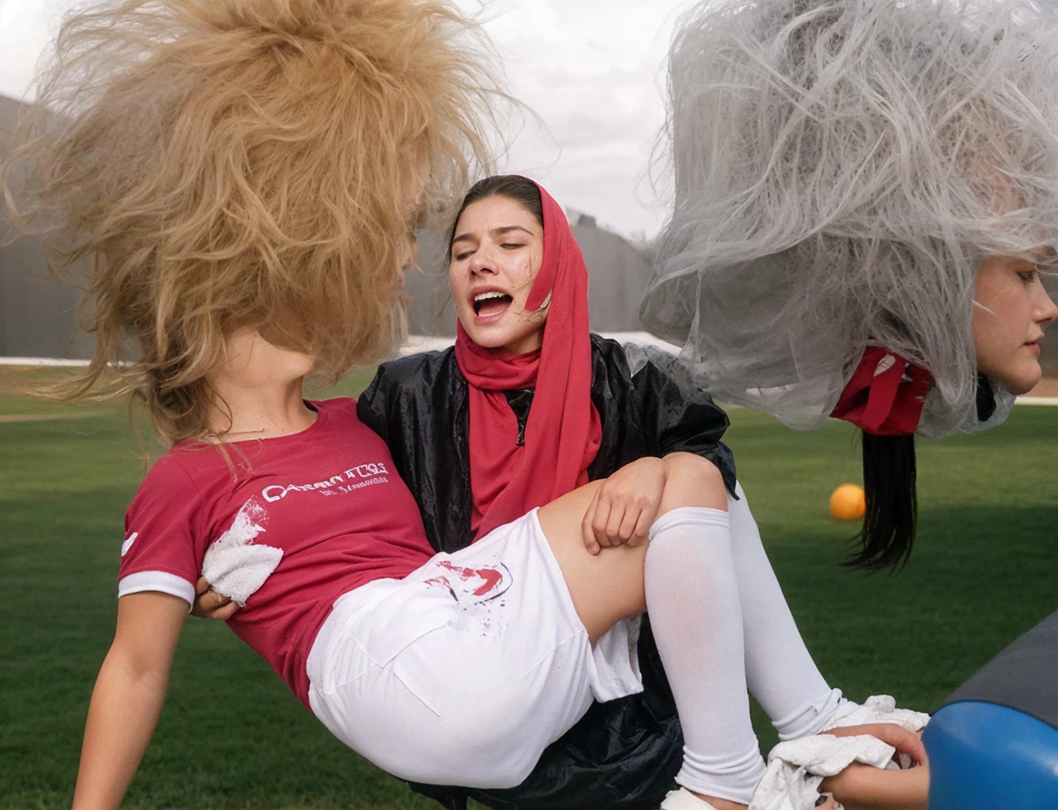 photo, photorealistic, photography, soccer action pose, cradle-carry-pose, first-aid in a sports stadium, affection pose, lecherous action pose, dramatic action pose, theatralic pose, there is a attractive woman that is carrying a wounded athlete, there is a beautiful woman in a shiny black outfit who is carrying a shorthaired young man in her arms, a longhaired beautiful woman in a high-shine black catsuit, a longhaired woman in a shiny black dress, a woman is carrying a shorthaired man who is wearing a matte cotton sports outfitt, a weak man in matte cotton sports shorts is consciousless and needs to be carried, a shorthaired man with closed eyes is carried by a longhaired woman, a woman looks very scared and terrified, a consciousless man with closed eyes is suffering very much and has a very painful face, photo, photo shoot, photographed , accident, help, aid, first aid, pity