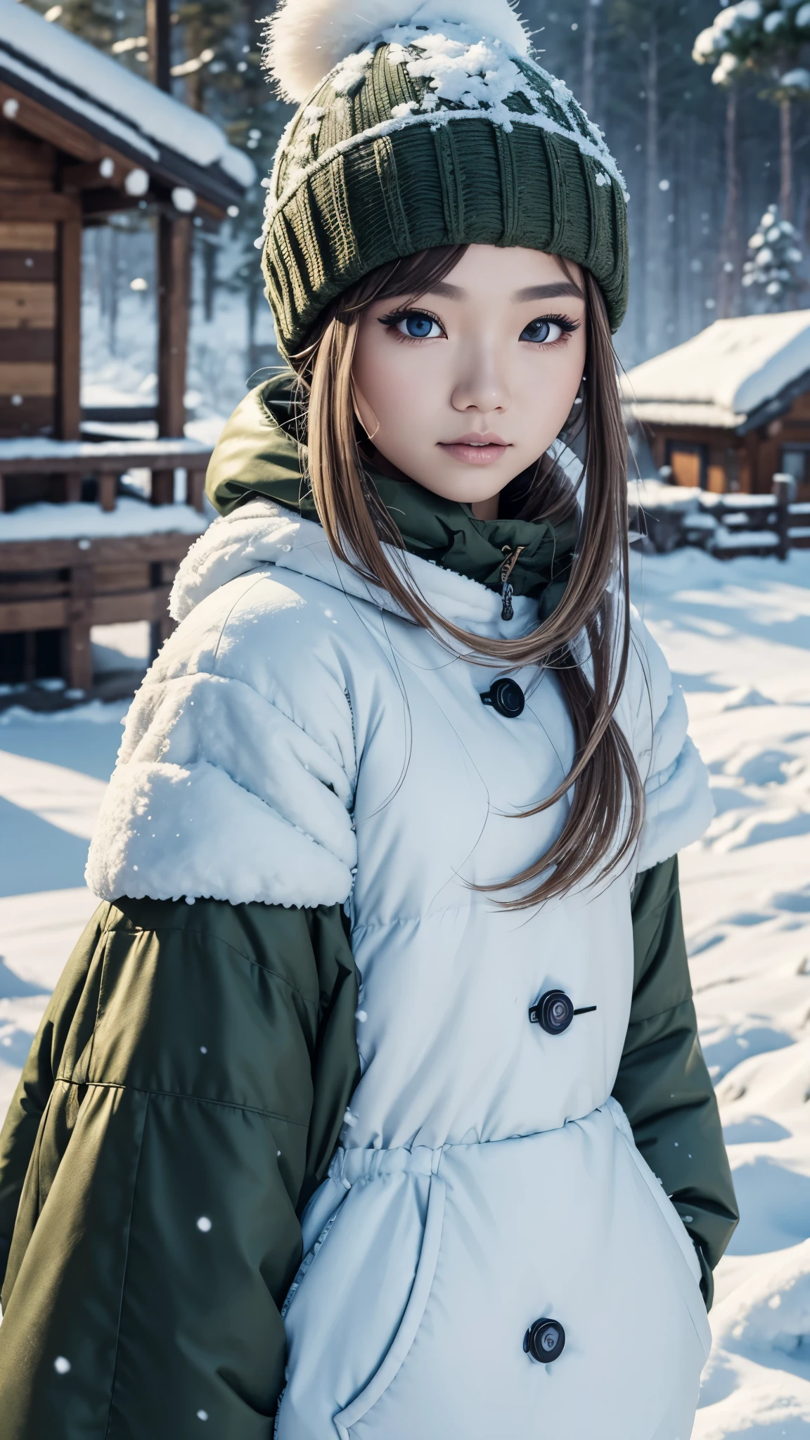 _modelshoot style, banchan is happily building a snowman with olive eyes, single house background, snowy mountains background, snowing, (banchan green hair:0.8), (banchan yellow hair:0.7), (banchan ombre hair:0.4), (focus on banchan: 0.8), Zoom Lens Shot, by studio ghibli, (((masterpiece))), (((best quality))), (extremely detailed CG unity 8k wallpaper)