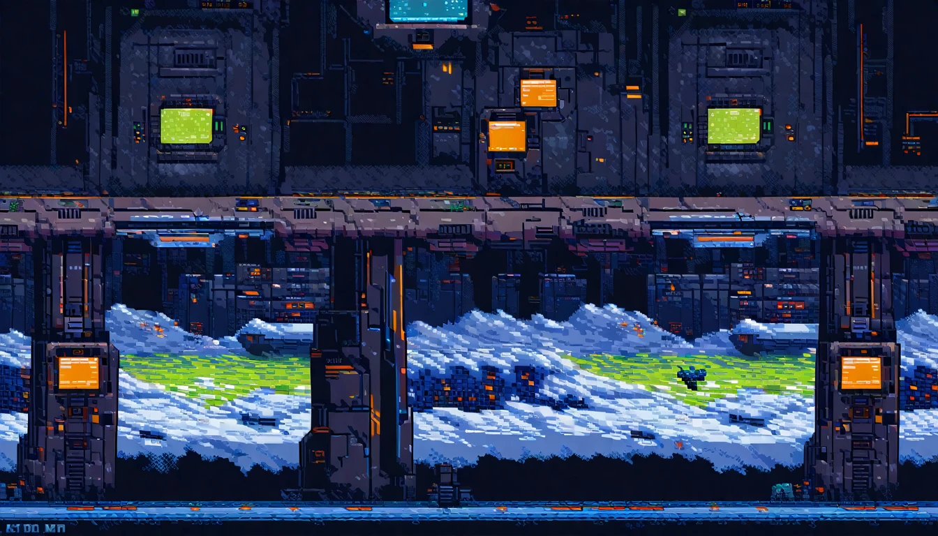 aircraft in scene, metroidvania, robot, close-up, cyberpunk, sidescroller, (work of art, best qualityer:1.2), pixel art,terrestrial space, futuristic snow scenery