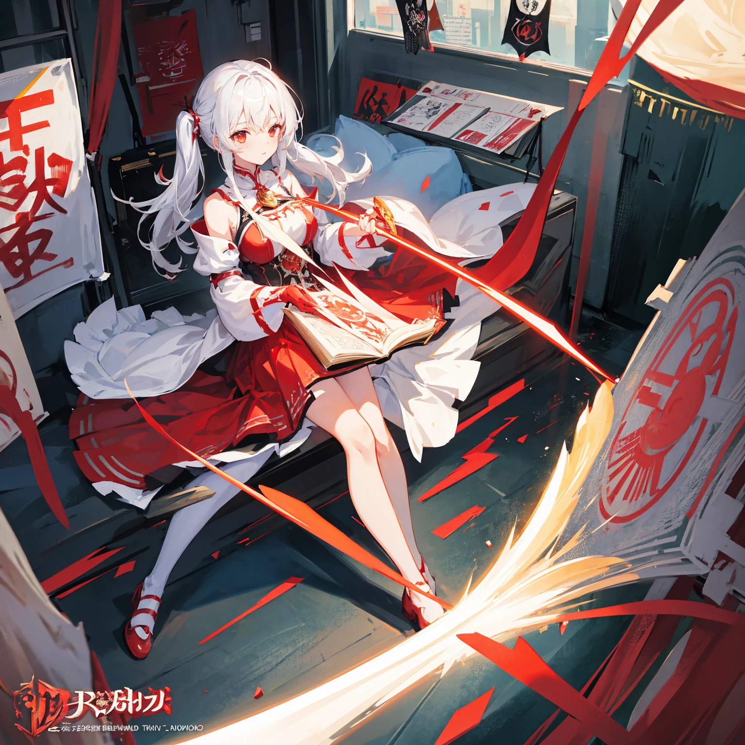 Wearing a red and white dress、anime girl holding sword, Highly detailed official artwork, Epic Light Novel Cover Art, epic Light novel cover art, Silver and red armor, guweiz on pixiv artstation, Anime style 4K, Detailed key animation art, Light novel cover art, Anime Fantasy Artwork,White hair and red eyes,Side Ponytail,Waist-length hair,1 Girl,Portraiture,Reading