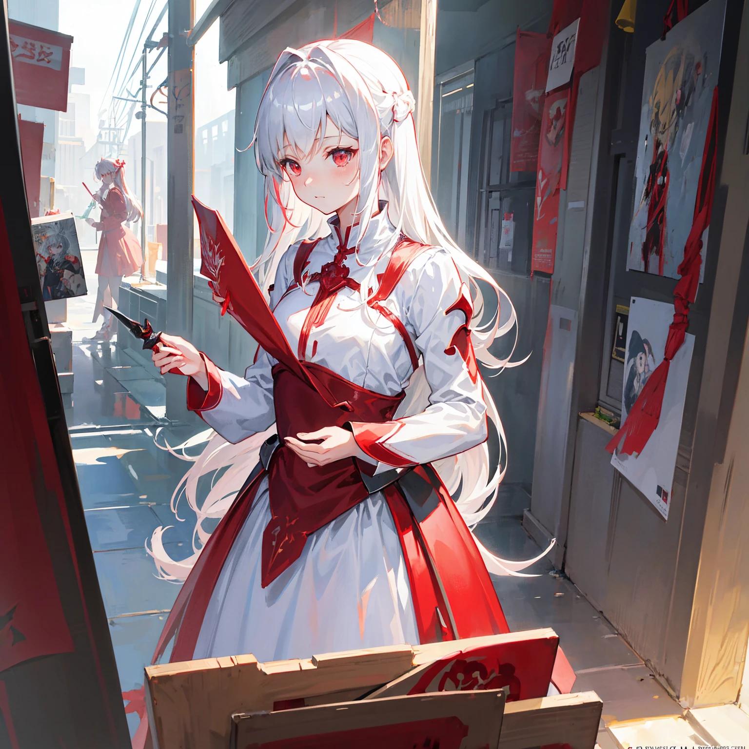 Wearing a red and white dress、anime girl holding sword, Highly detailed official artwork, Epic Light Novel Cover Art, epic Light novel cover art, Silver and red armor, guweiz on pixiv artstation, Anime style 4K, Detailed key animation art, Light novel cover art, Anime Fantasy Artwork，White hair and red eyes，Side Ponytail，Waist-length hair，1 Girl，Portraiture，Reading