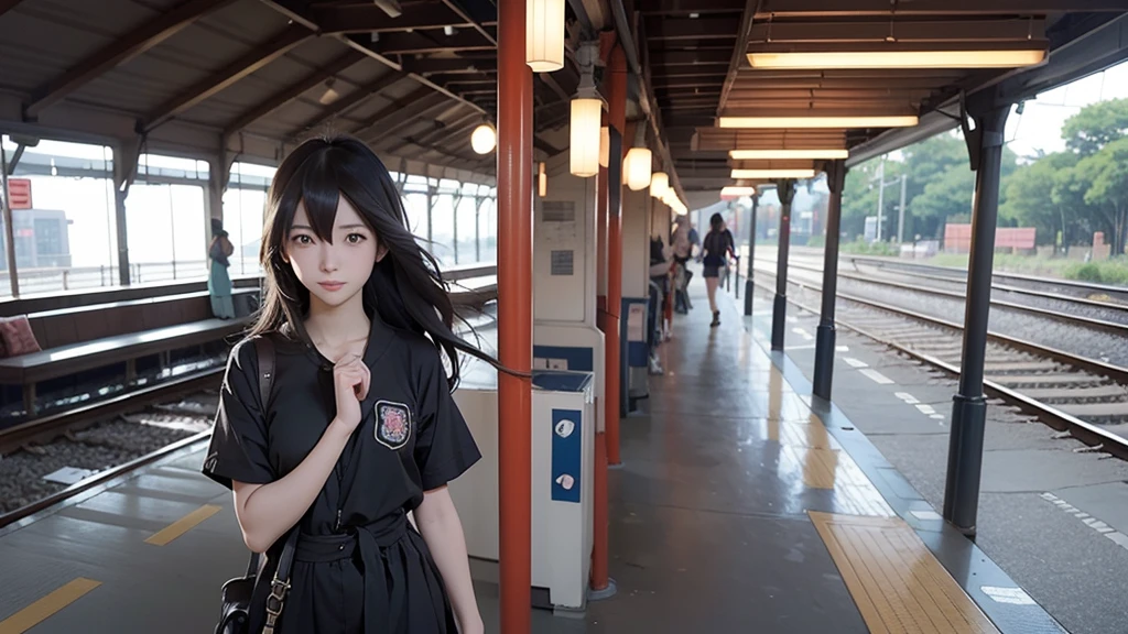 Long haired anime girl walking on train platform, Kantai Collection Style, Railgun, konpeki no kantai, Kantai Collection Arcade, Kantai Collection, Makoto Shinkai style, Cute Girl Anime Visual, Makoto Shinkai's art style, Beautiful anime school girl, Anime Style 4k, Official artwork, shinkai makoto