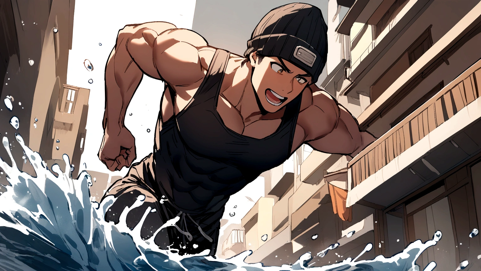 Muscular boy with black beanie hat and medium brown hair splashing