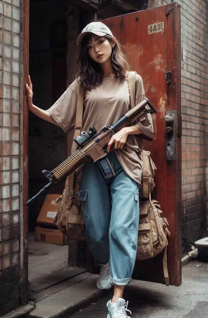8K,Realistic Photo、Realistic Skin Texture、Superrealism、Japanese woman living in America、Operation、In a mid-sized American city、Old brick building、mortar、Loose Fit T-Shirt、Shoulder bag、Denim pants、Dirty sneakers、Hunting rifles、Dirty alley、Baseball Cap
