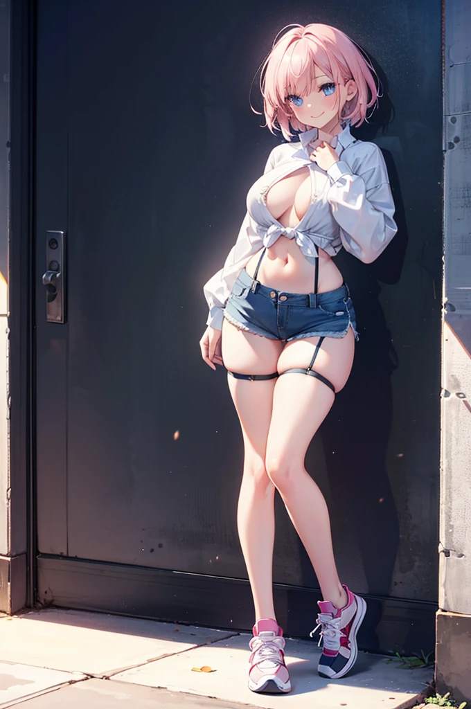 Detail image, realistic image, 1 girl. She has very short hair that has a single long strand on the right side, her hair is light pink. She has blue eyes. She wears a long sleeve shirt with garters. Denim mini shorts, cameltoe, nsfw, thong with lace. sneakers. Smiling. She has big tits, small waist, wide hips, thick legs. Full body view. Ambient light. Volumetric light,