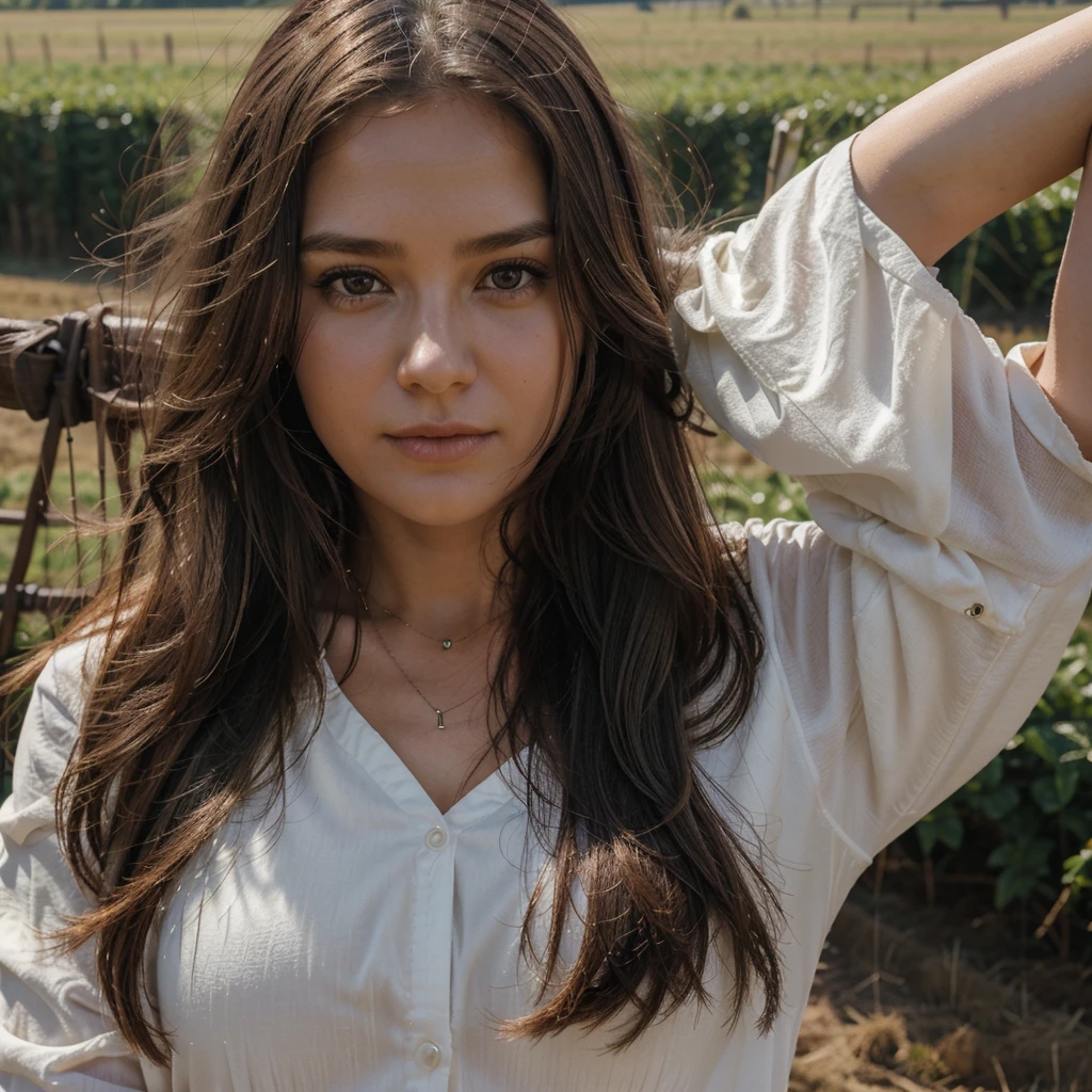 1girl in, 30 years old, Square face, Long hair, Looking at viewer, jewelry, Realistic, Sexy, farm outfit, farm background, free upper body pose