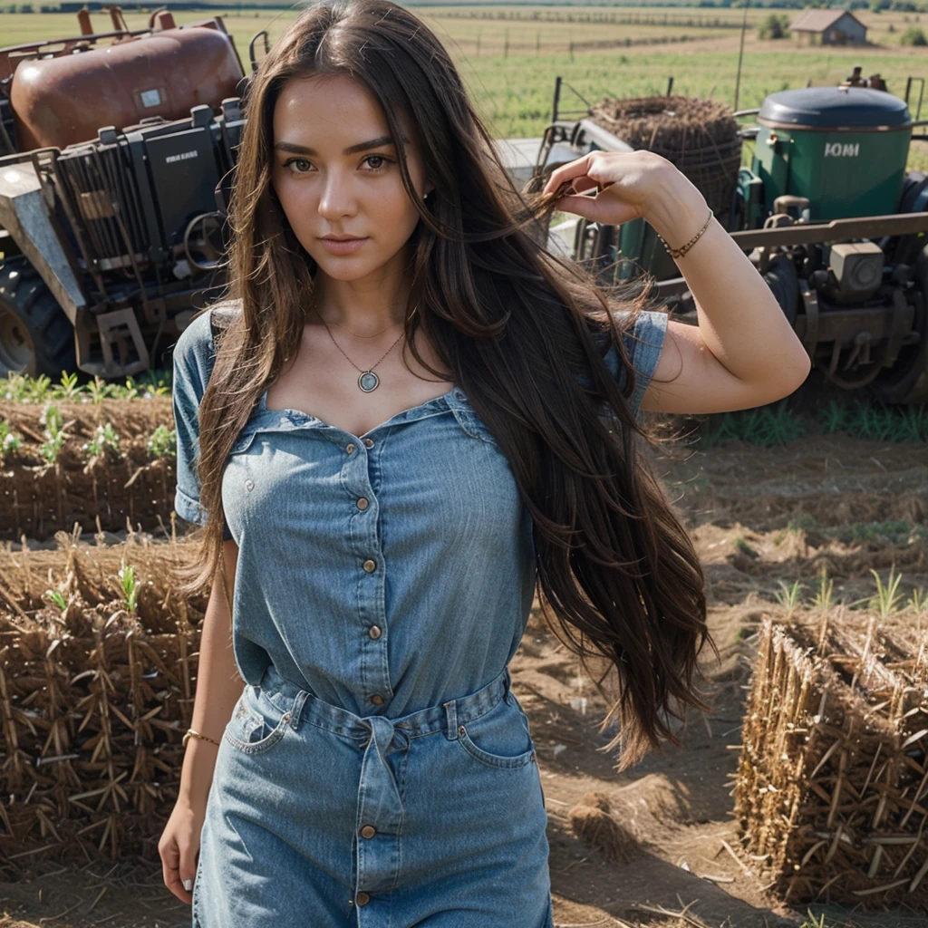 1girl in, 30 years old, Square face, Long hair, Looking at viewer, jewelry, Realistic, Sexy, farm outfit, farm background, free upper body pose