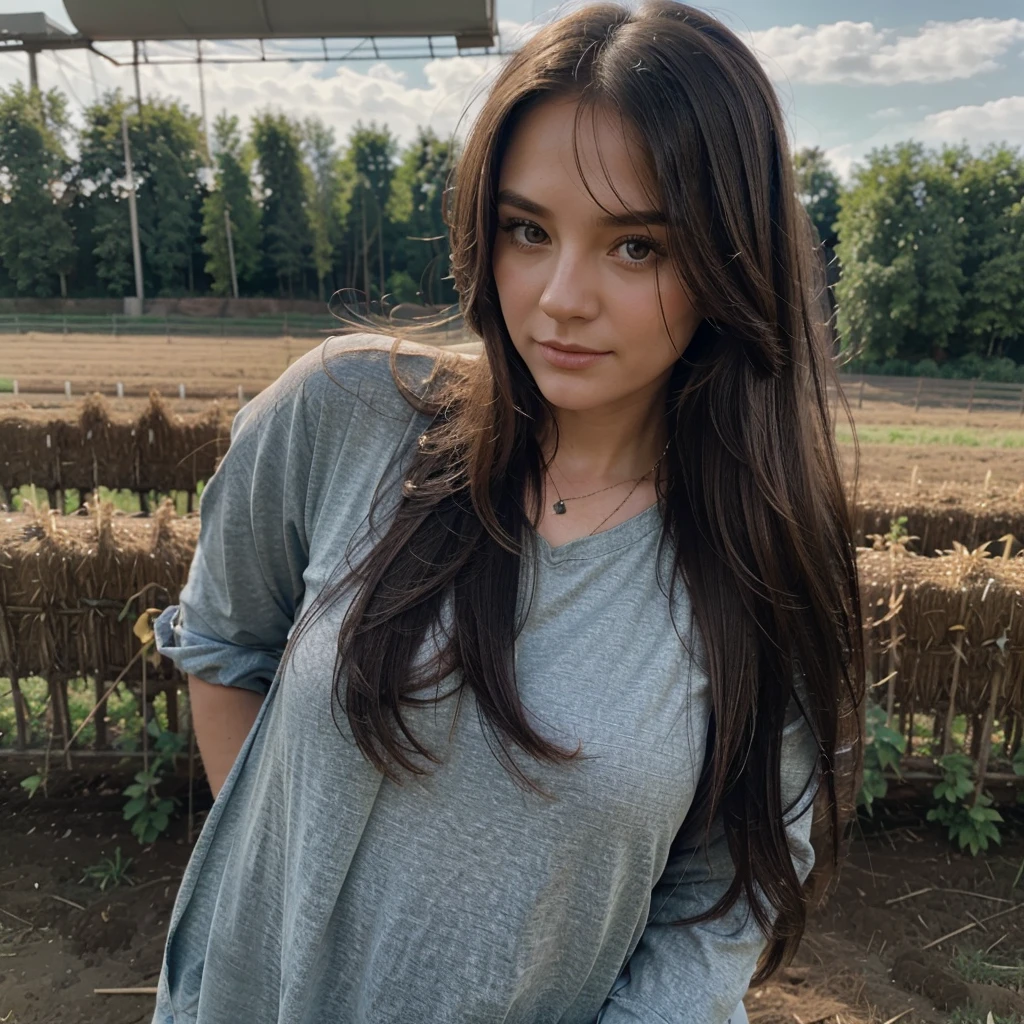 1girl in, 30 years old, Square face, Long hair, Looking at viewer, jewelry, Realistic, Sexy, farm outfit, farm background, free upper body pose