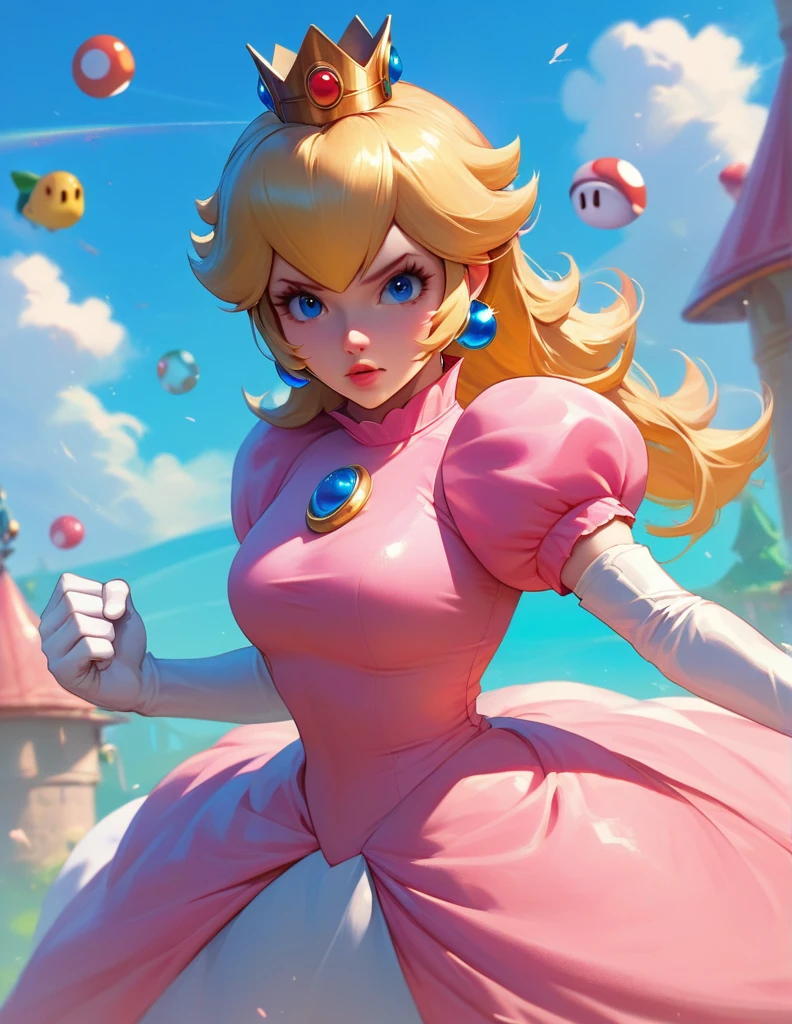 score_9, score_8_up, score_7_up, 1girl, Princess Peach from Mario, looking at viewer, action pose, cowboy shot