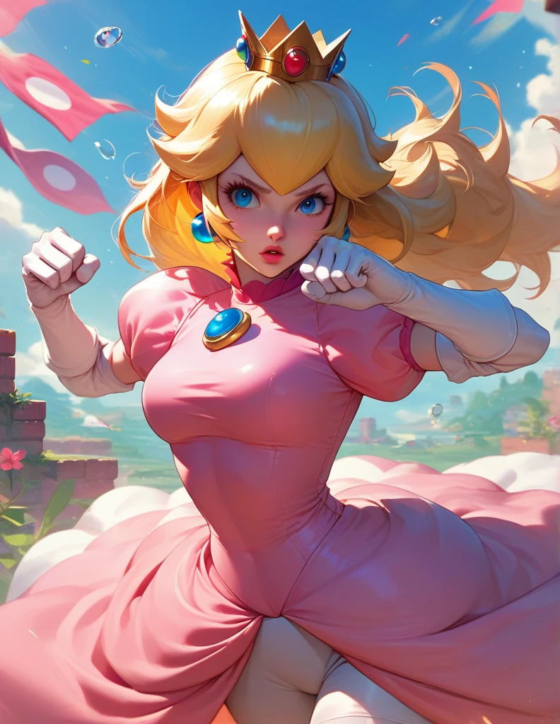 score_9, score_8_up, score_7_up, 1girl, Princess Peach from Mario, looking at viewer, action pose, cowboy shot