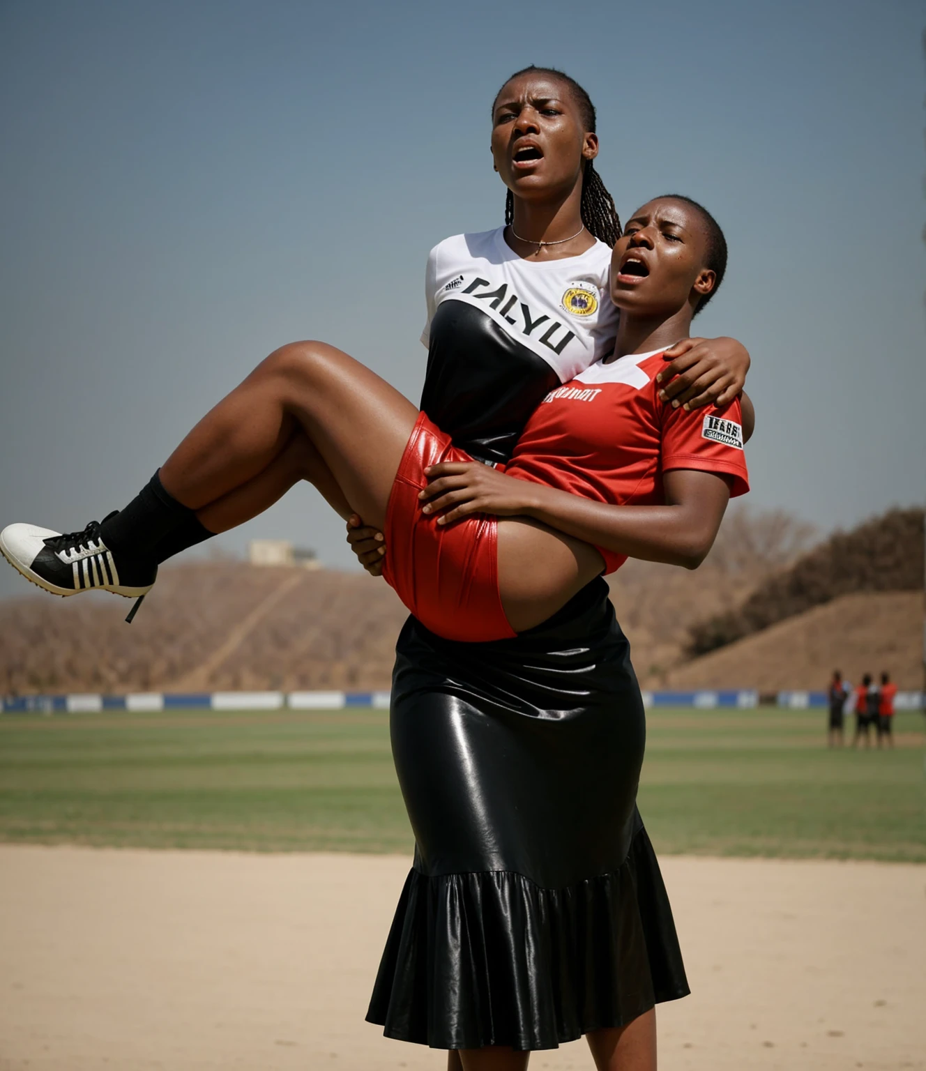ugandan woman wearing very shiny plastic dress, Long shiny plastic skirt, Despair, unconscious, exhausted, powerlessness, man hangs limp and powerless with his head in the arms of the woman, screams of pain, shouting out in pain, shouting for aid, Dramatic rescue pose, pity, a hurt and male african football player hangs limp and powerless with his head hanging down in the arms of thewoman, a woman in a long leather-skirt has a horrofied  expression when she carries a male african football player who is hanging limp and powerless with his head hanging down in her arms, an injured male african football player in matte cotton sportswear is carried with an extremely agonised  expression, faces in pain and horror, screaming with pain, Frightened  expression, pityful  expression, pity, pain, accident, aid, football