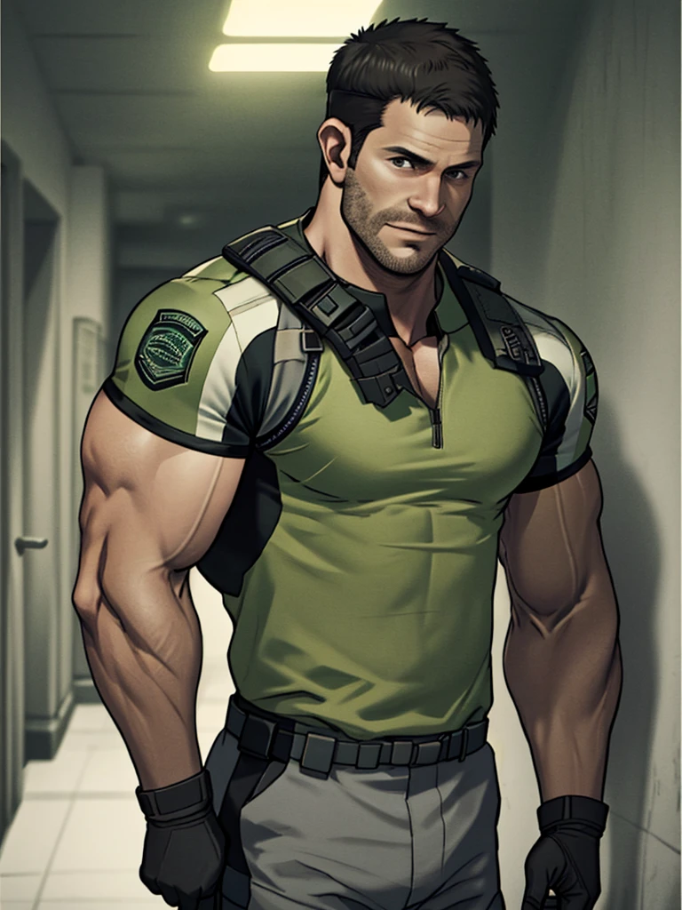 1 man, solo, 35 year old, Chris Redfield, wearing green T shirt, smirks, white color on the shoulder and a bsaa logo on the shoulder, millitary tactical suit, tall and hunk, biceps, abs, chest, best quality, masterpiece, high resolution:1.2, upper body shot, dark black gloomy hallway in the background, detailed face, shadow, volumetric lighting, center focus, low camera angle