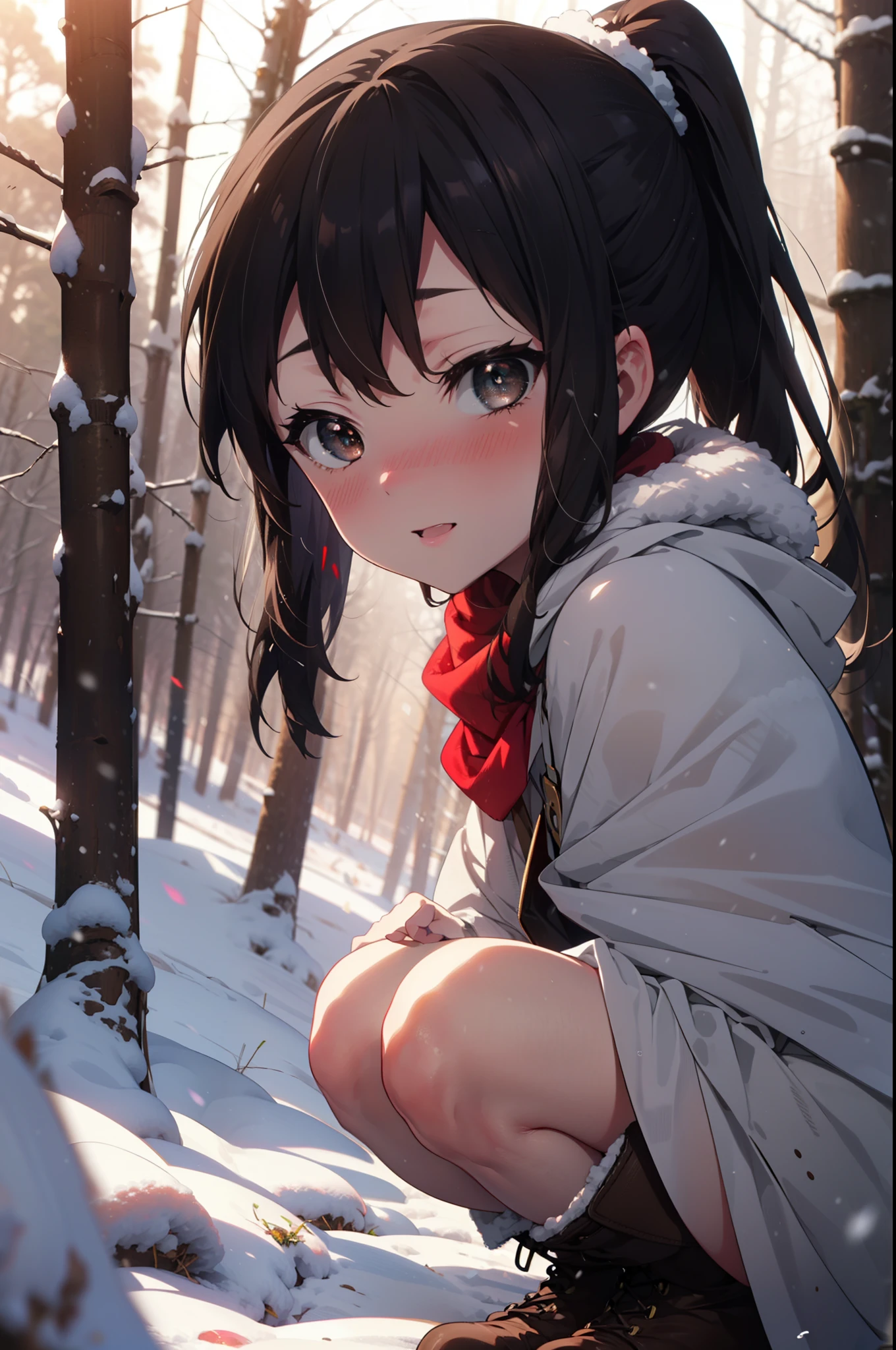 is, Azusa Nakano, Black Hair, (Brown eyes:1.5), Long Hair, ,ponytail,smile,smile,blush,White Breath,
Open your mouth,snow,Ground bonfire,, Outdoor, boots, snowing, From the side, wood, suitcase, Cape, Blurred, , forest, White handbag, nature,  Squat, Mouth closed, Cape, winter, Written boundary depth, Black shoes, red Cape break looking at viewer, Upper Body, whole body, break Outdoor, forest, nature, break (masterpiece:1.2), Highest quality, High resolution, unity 8k wallpaper, (shape:0.8), (Beautiful and beautiful eyes:1.6), Highly detailed face, Perfect lighting, Extremely detailed CG, (Perfect hands, Perfect Anatomy),