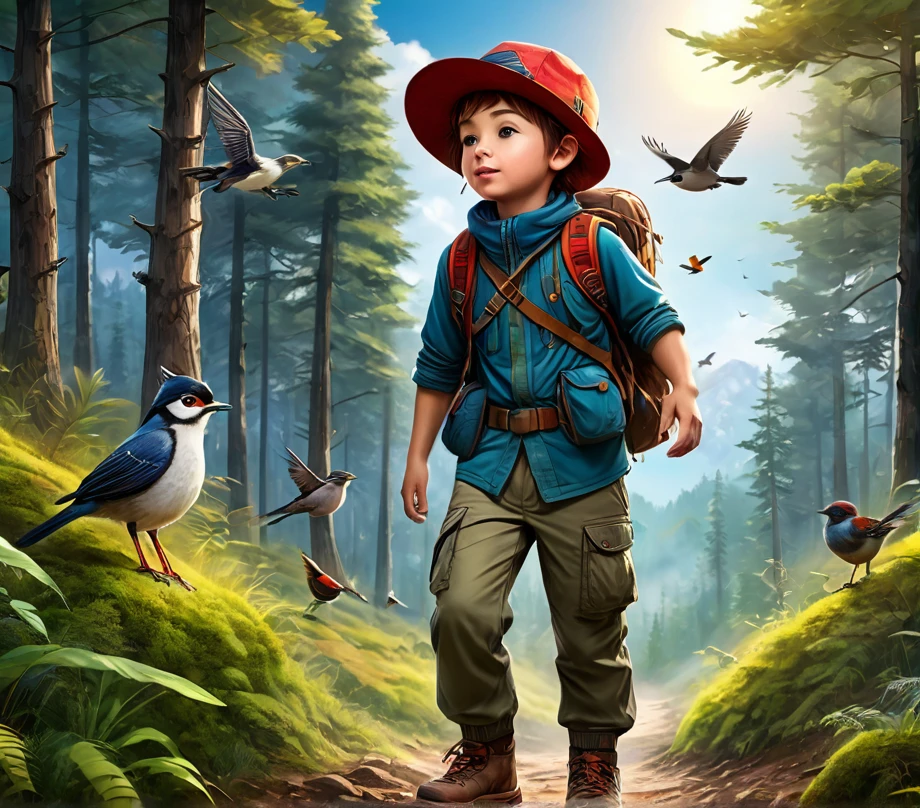 (High quality, 4K, HDR) 1 boy, adventurer, hat, trail clothes, brave adventurer, beautiful colors in the sky, birds in the background, animal, harmonious forest on a large scale, pants. (masterpiece, ultra realistic professional lighting, ultra thin 8K, fine texture of detailed background, sharp face with perfect strokes.