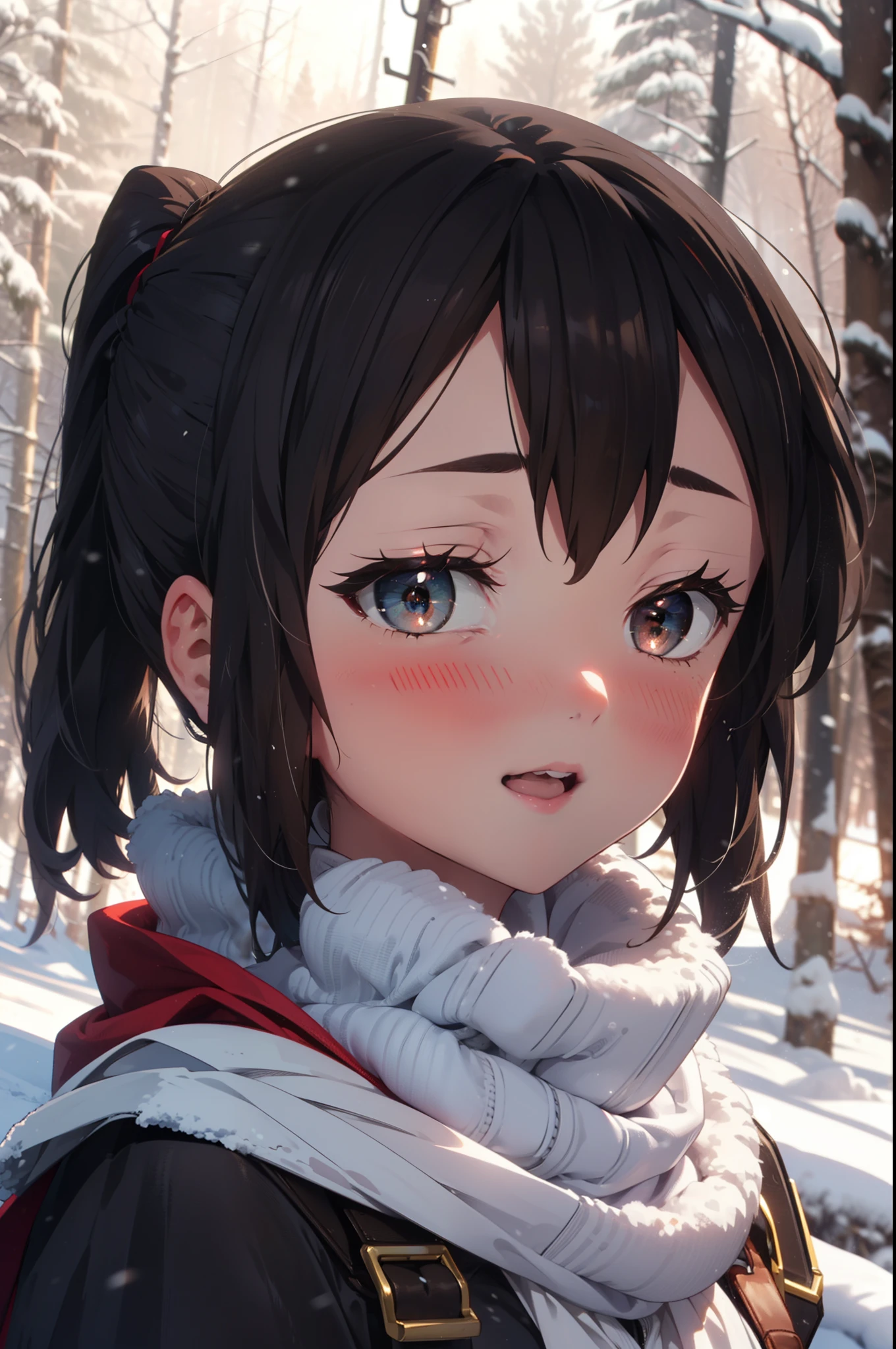 is, Azusa Nakano, Black Hair, (Brown eyes:1.5), Long Hair, ,ponytail,smile,smile,blush,White Breath,
Open your mouth,snow,Ground bonfire,, Outdoor, boots, snowing, From the side, wood, suitcase, Cape, Blurred, , forest, White handbag, nature, Squat, Mouth closed, Cape, winter, Written boundary depth, Black shoes, red Cape break looking at viewer, Upper Body, whole body, break Outdoor, forest, nature, break (masterpiece:1.2), Highest quality, High resolution, unity 8k wallpaper, (shape:0.8), (Beautiful and beautiful eyes:1.6), Highly detailed face, Perfect lighting, Extremely detailed CG, (Perfect hands, Perfect Anatomy),