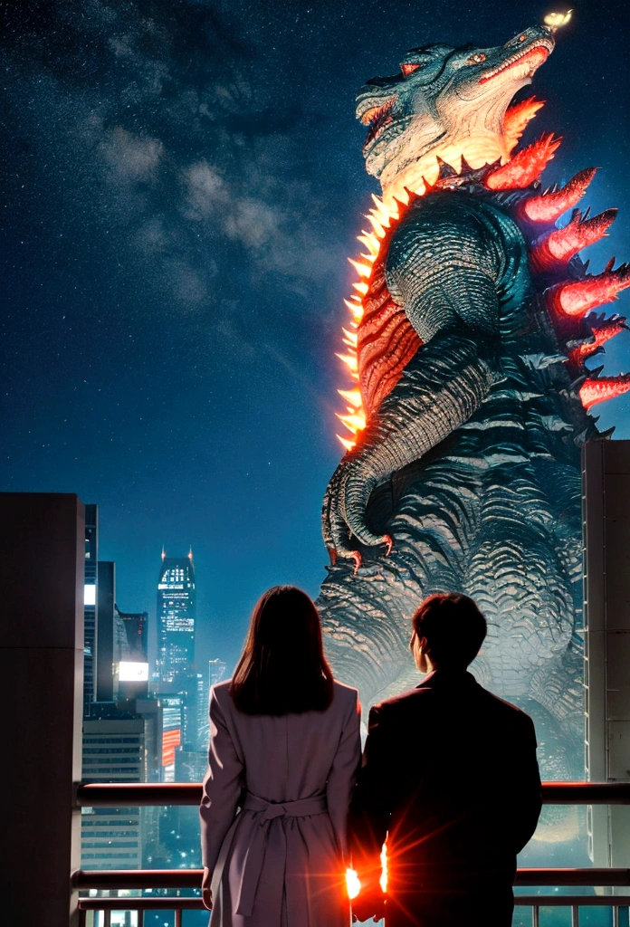 a godzilla holding a beautiful ultraman woman with a beautiful face, from behind while laugh in front of the city, bright and colorful light