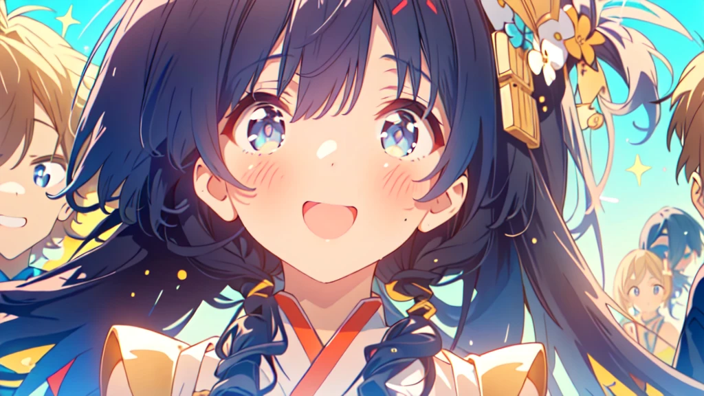 最高masterpiece、Official Art、depth of field,Dynamic composition、masterpiece,Detailed face、Detailed eyes、Close-up、Two girls and two boys and two girls and two boys on stage), Idol, Big eyes, cutetech, cute, cute, Pasterka (Ra, Highest quality, Happy, Deep Background, Symmetric, Tilt your head, summer