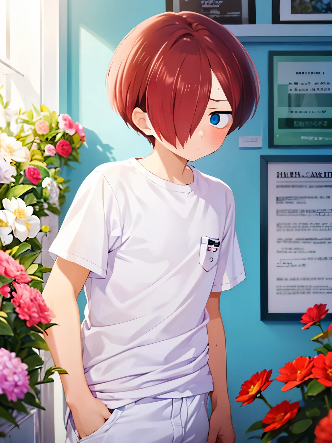 1boy, solo, male focus, kyoutarou_ichikawa, red hair, blue eyes, short hair, hair over one eye, bangs, Standing,blush, White t-shirt,Plain t-shirt, white trousers,Facing left, camera angle from the side, photo from the side, looking away,Hand holding a bouquet of flowers