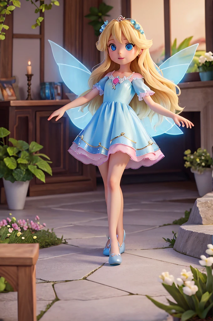 a with long golden hair, sparkling blue eyes in a light blue nightgown.
she is holding hands with a fairy with transparent fairy wings, blonde hair and pink dress