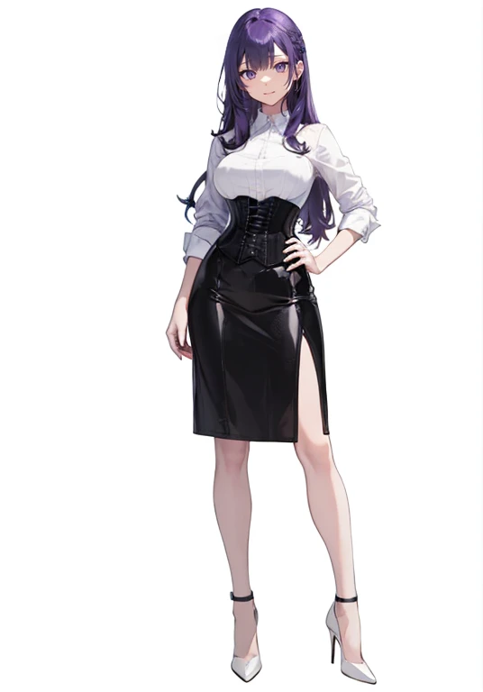 Purple Hair,((Very voluminous long hair)),Adult female,White Y-shirt,((Roll up her sleeves)),(((Roll up your sleeves))),(corset),(Black tight skirt),(High heels),((A simple, blank white background)),smile,((full body)),((whole body)),