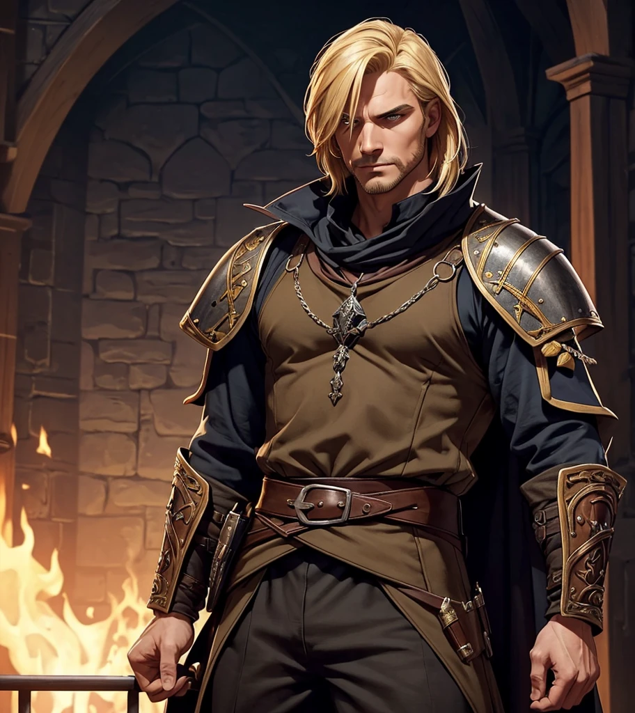 (((Solo character image.))) (((Generate a single character image.)))  (((Dressed in medieval fantasy attire.))) (((Very sexy facial expression.))) Generate a male fantasy character who is a good looking, handsome criminal.  He is a shifty and suspicious individual who is untrustworthy and somewhat sinister.  But he is a confidence trickster. Shoulder-length blond hair.  He looks like a dangerous man.  Handsome.  Intense stare.  He looks like a very sexy male villain for a fantasy setting.