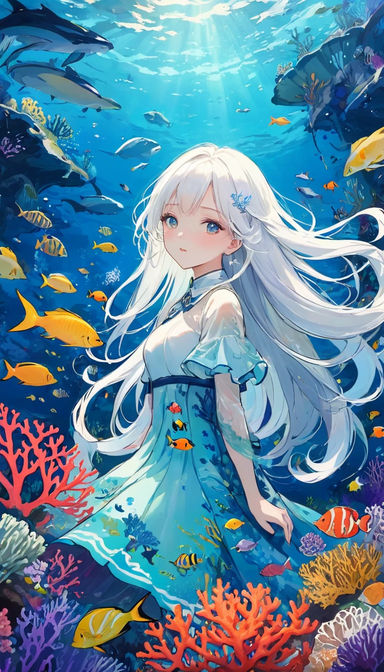 Marine Lifeの概念芸術、Undersea scenery、Marine Life、Beautiful coral reefs come in many forms、3d、fish、Women Animated Fantasy Illustration。Long white hair scattered in the sea、drifting、Very harmonious。The whole picture is、It features a messy and imaginative painting style.。The colors are bright and saturated.、Drawn with smooth lines。The mystery and beauty of the sea、The painting depicts an underwater world full of life and vitality.、Animation Art Wallpaper 8K